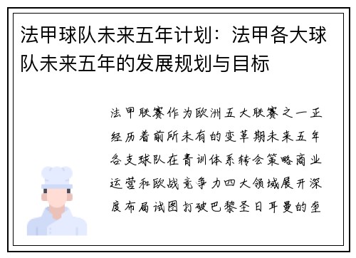 法甲球队未来五年计划：法甲各大球队未来五年的发展规划与目标