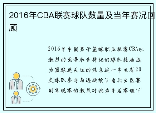 2016年CBA联赛球队数量及当年赛况回顾