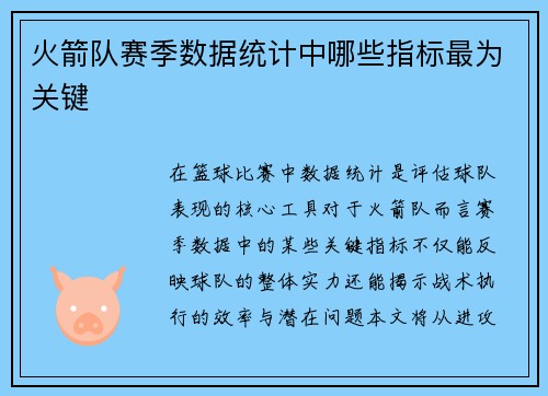 火箭队赛季数据统计中哪些指标最为关键
